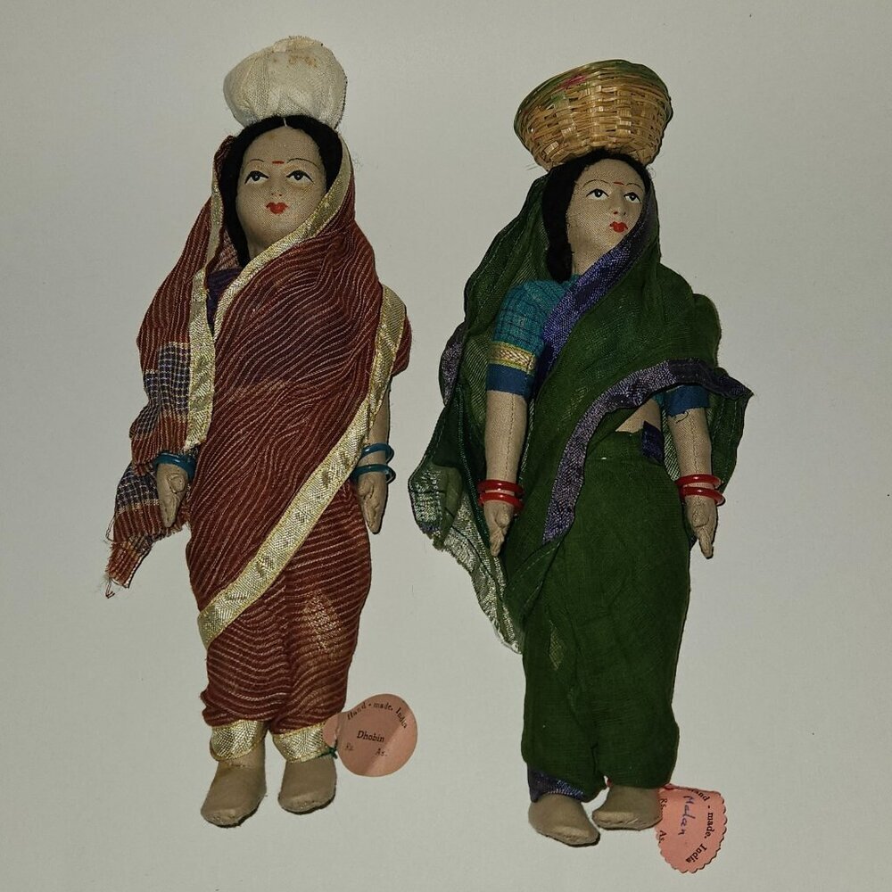 2 VTG Khilowna Brand Handmade Indian Dolls India Souvenir Malan Dhobin READ